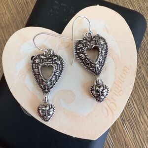 Brighton Laguna Basket Weave Wire Dangle Drop Heart Earrings w Sterling Silver